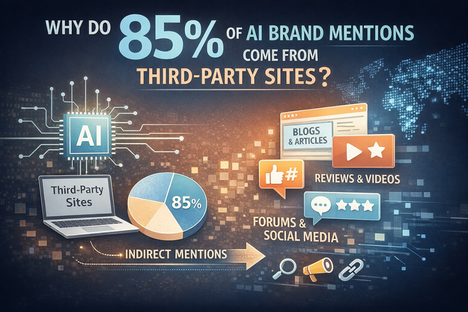 AI brand mentions sources chart showing 85% come from third-party sites including blogs, reviews, forums, and social media