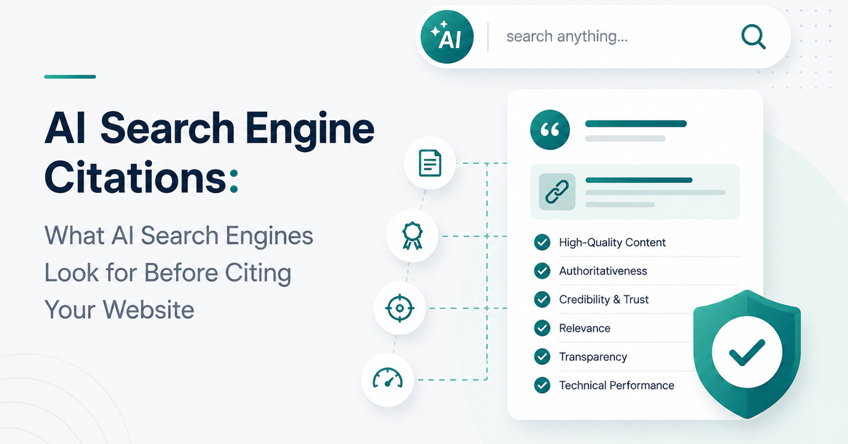 AI Search Engine Citations illustration showing how AI search engines evaluate content quality, authority, and trust before citing a website