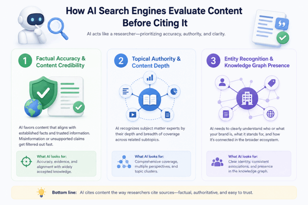 AI content evaluation flowchart showing how search engines select AI search engine citations
