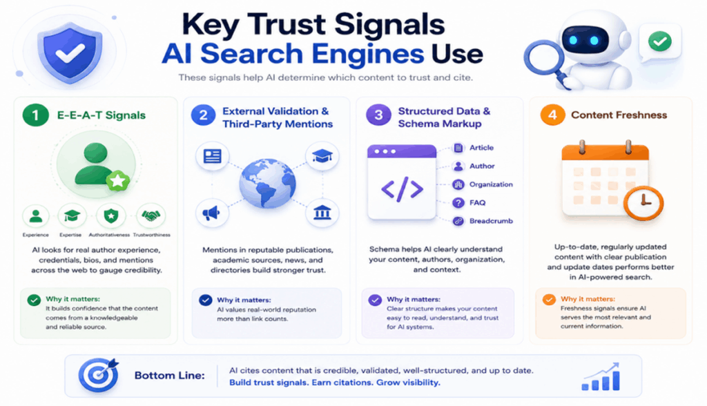 Trust signals for ai are E-E-A-T and entity clarity for AI search engine citations