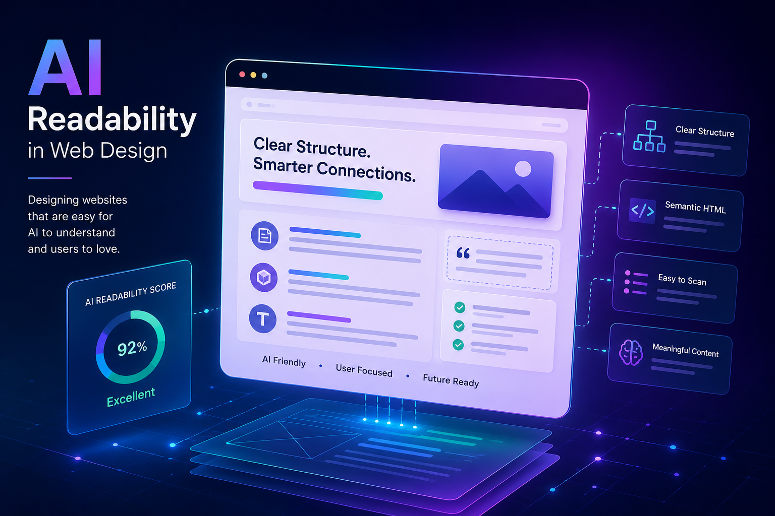 AI Readability in Web Design illustrated with a modern website interface, AI elements, semantic structure, and SEO-friendly content layout.