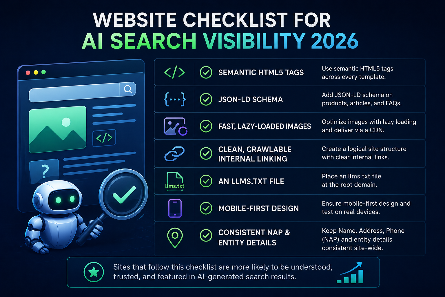 AI Readability in Web Design checklist showing semantic HTML5, JSON-LD schema, internal linking, mobile-first design, llms.txt, fast image optimization, and entity consistency for AI search visibility.