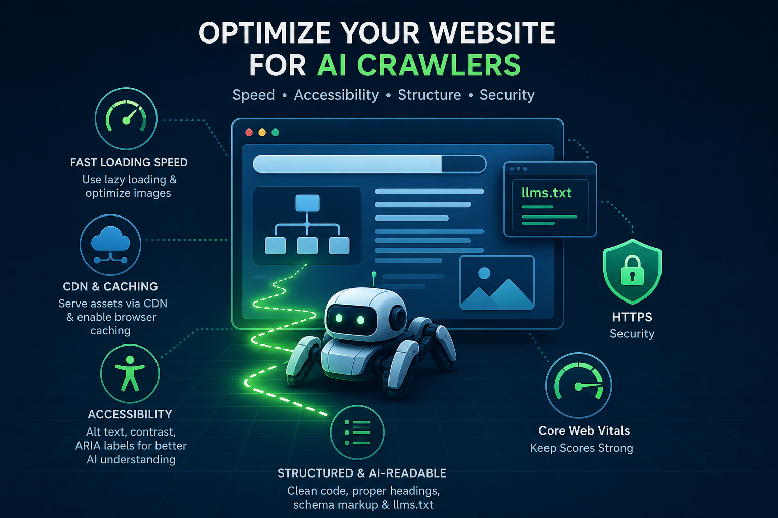 AI Readability in Web Design illustrated through website optimization for AI crawlers, featuring semantic structure, Core Web Vitals, HTTPS security, CDN, accessibility, lazy loading, and llms.txt.