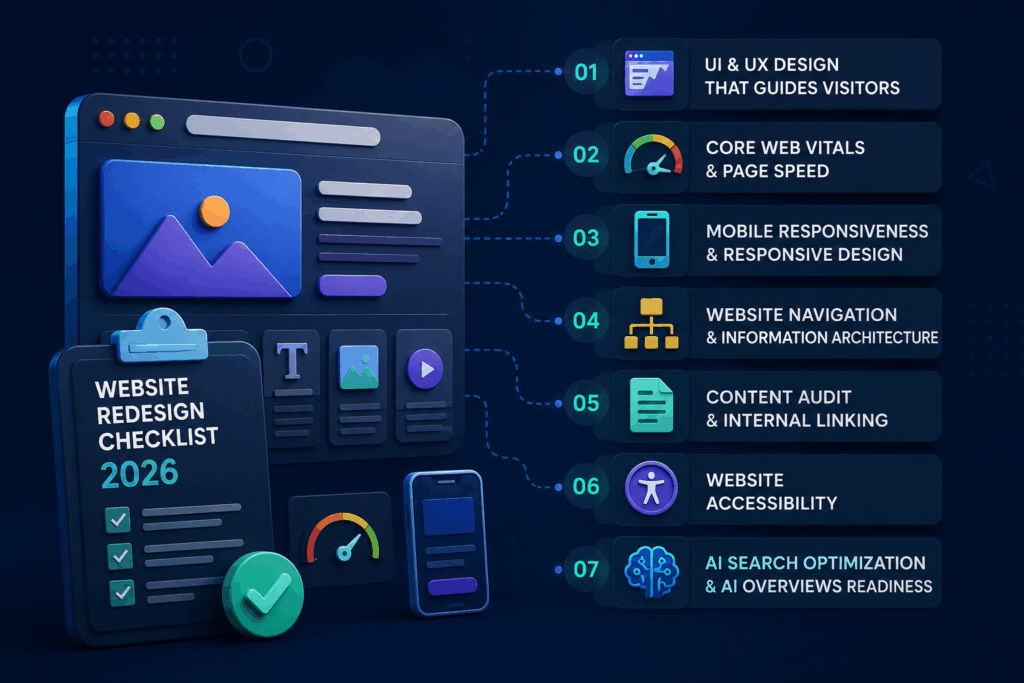 Website redesign checklist featuring UI/UX design, Core Web Vitals, mobile responsiveness, website navigation, content audit, accessibility, and AI search optimization.