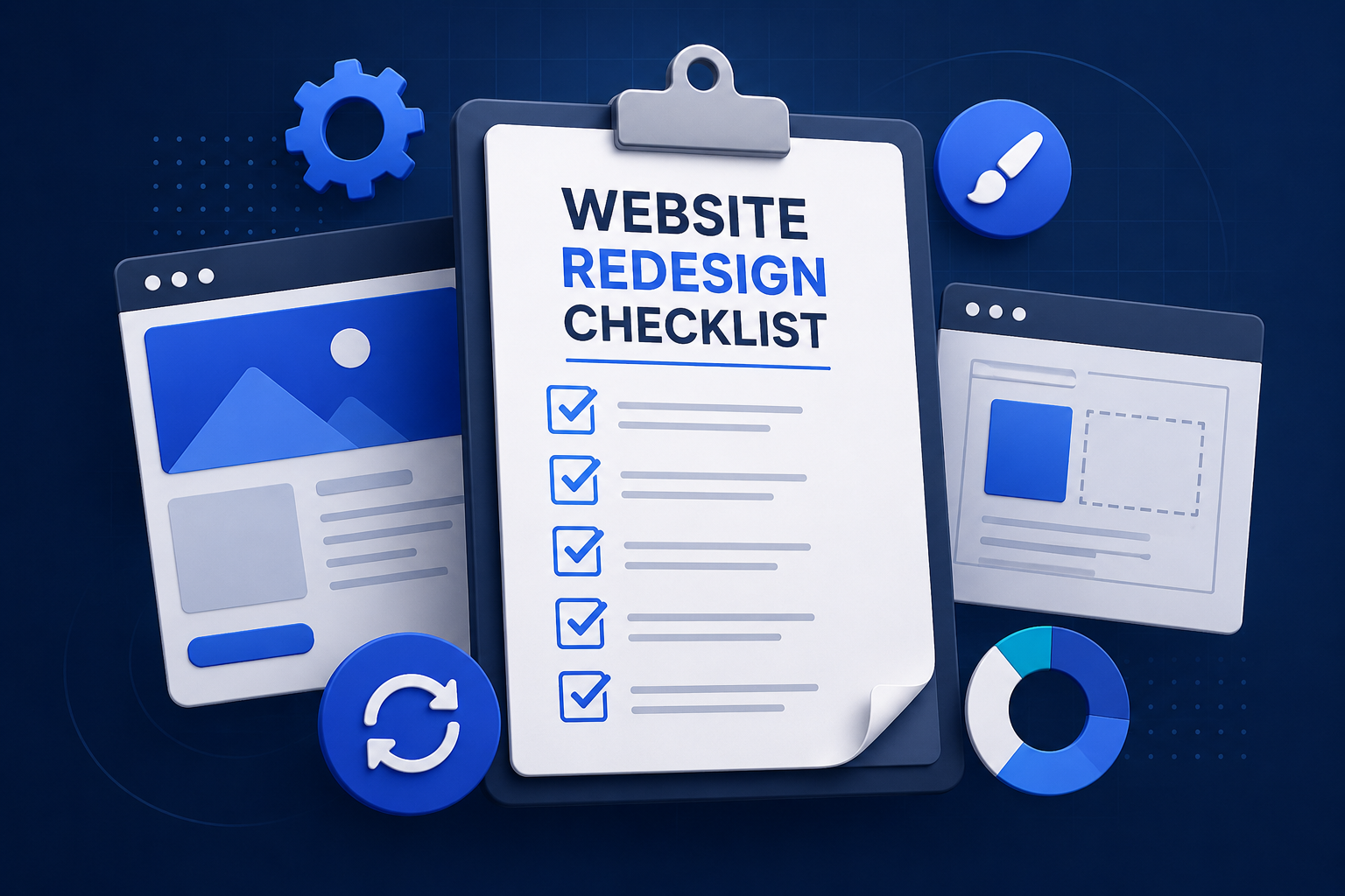 Website redesign checklist with responsive web design, UI/UX optimization, SEO planning, and website performance elements.