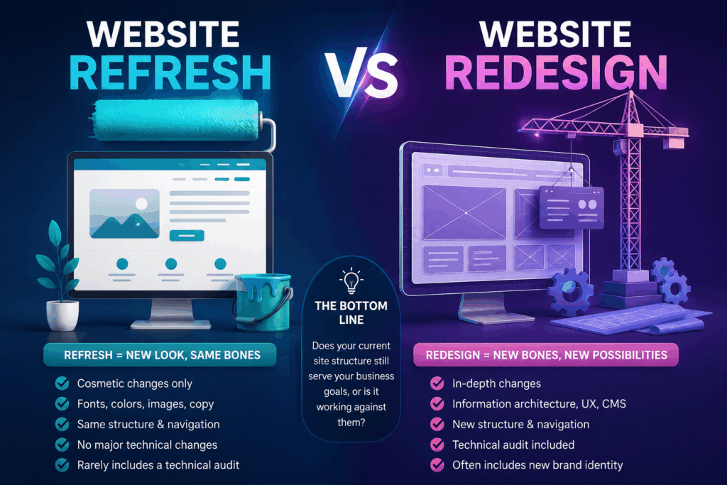 Website refresh vs website redesign comparison showing cosmetic website updates versus complete website redesign with structural and functional improvements.