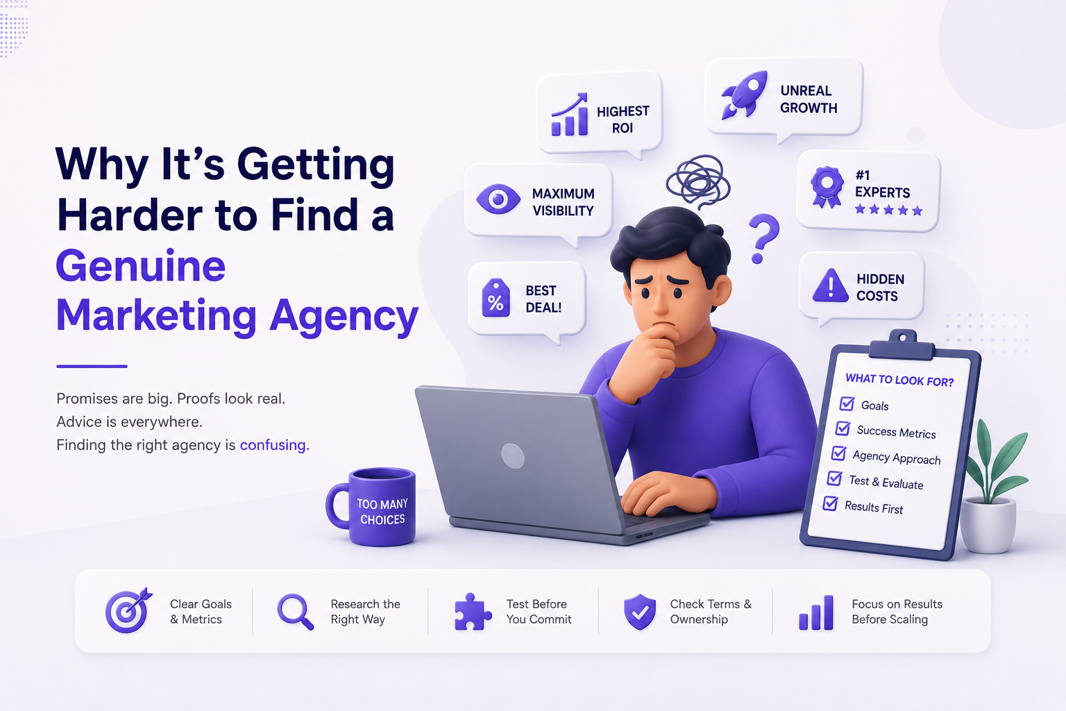 Confused business owner comparing marketing agencies, surrounded by bold promises, confusing advice, and a marketing agency checklist.
