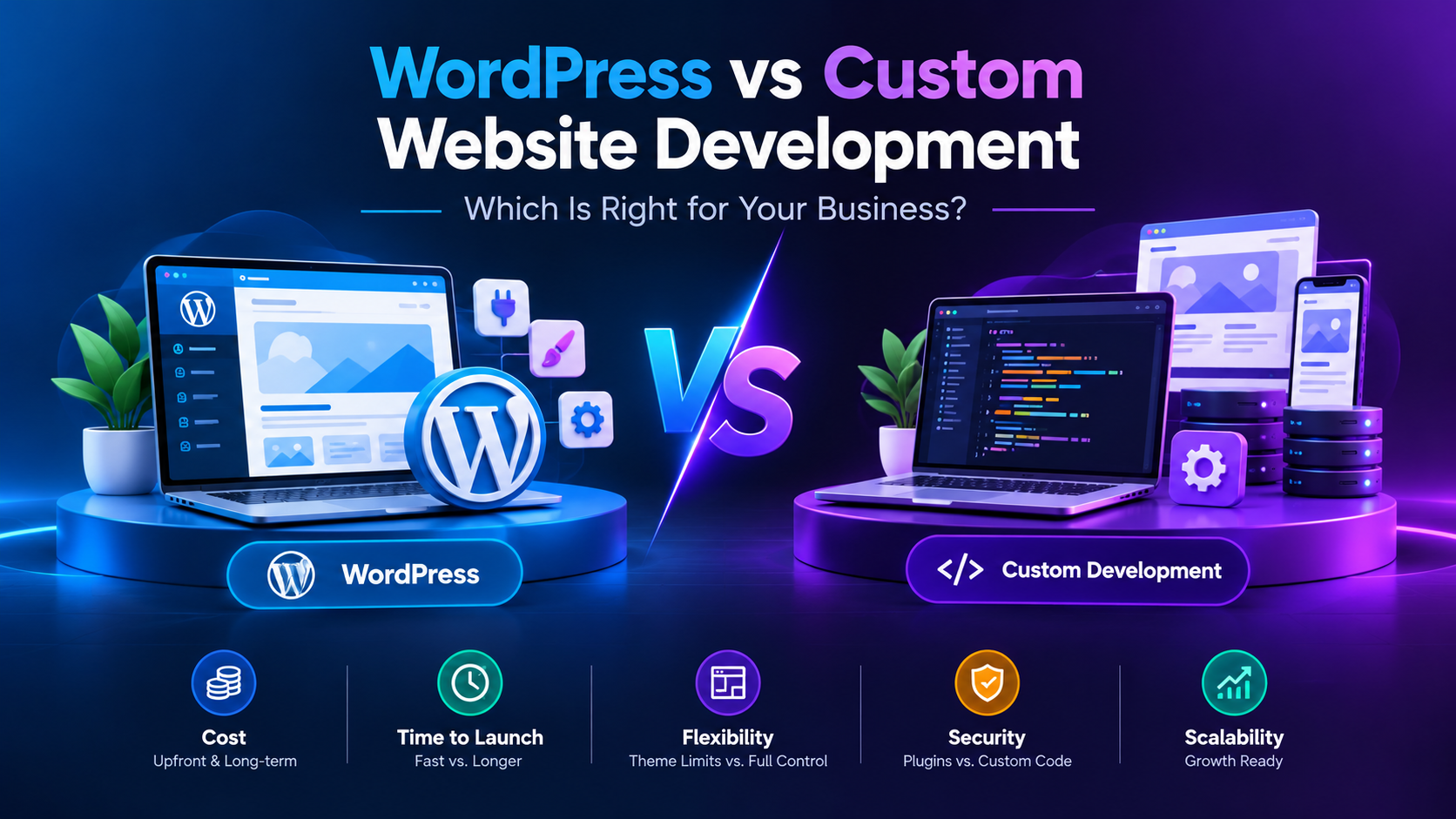 WordPress vs Custom Website Development comparison showing website features, flexibility, scalability, and security